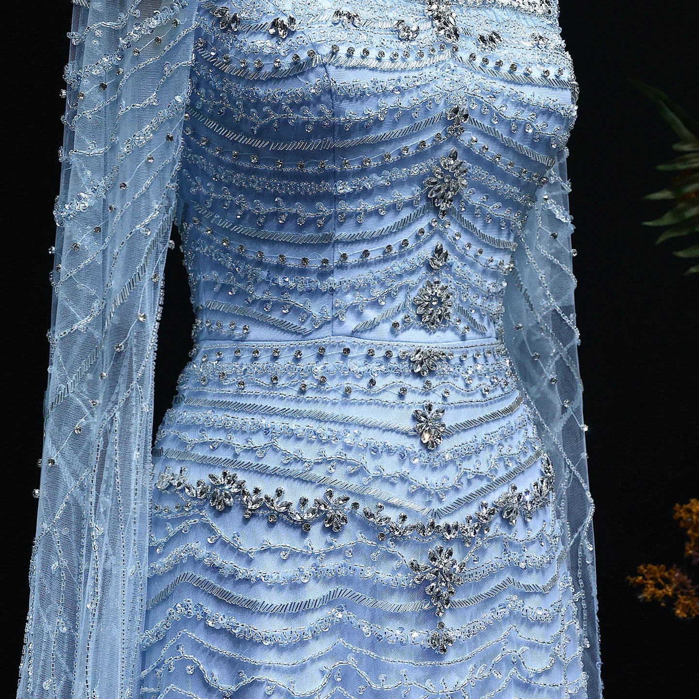 Blue Nude Evening Dress with Cape Sleeves