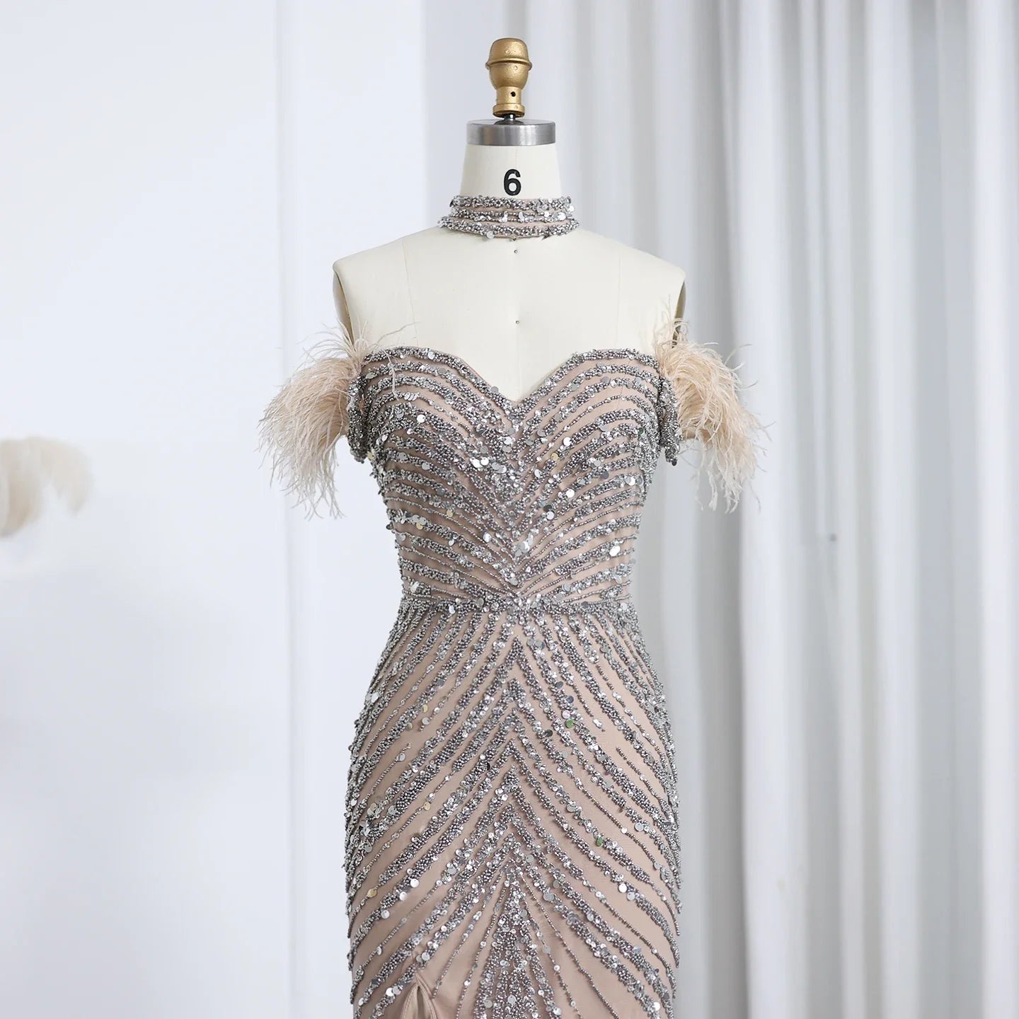 Beaded Feather Slit Mermaid Off-Shoulder Tulle Dress