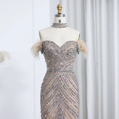 Beaded Feather Slit Mermaid Off-Shoulder Tulle Dress