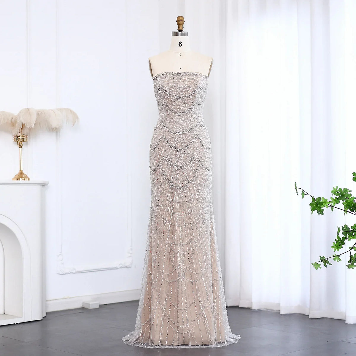 Silver Nude Pearls Strapless Long Evening Dress
