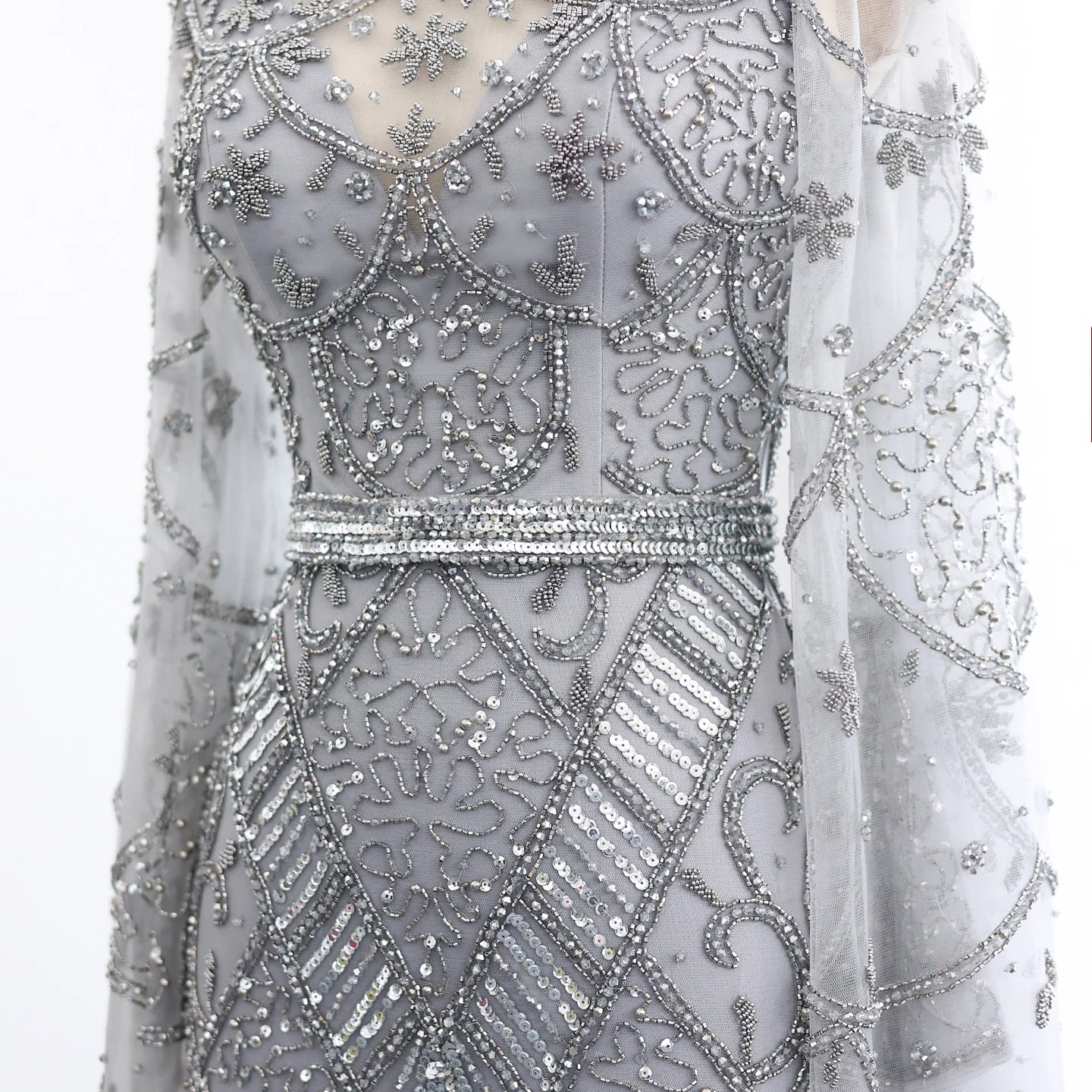 Black Beaded Flare Long Sleeves High Neck Gowns