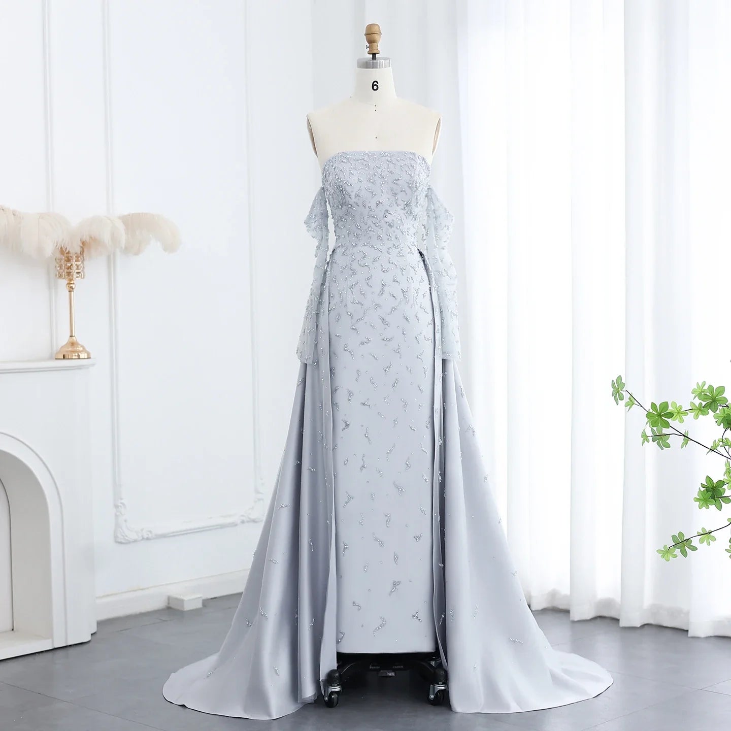 Silver Gray Evening Dress with Overskirt