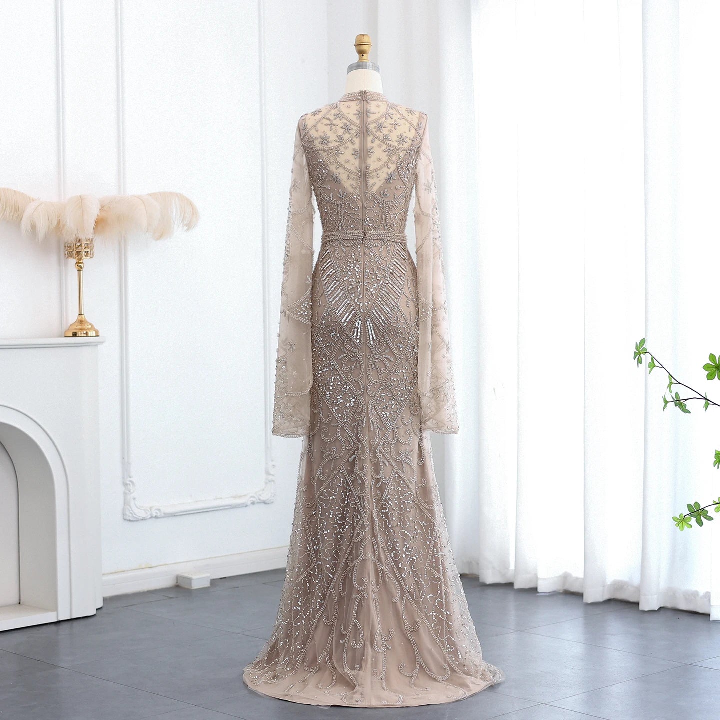 Black Beaded Flare Long Sleeves High Neck Gowns