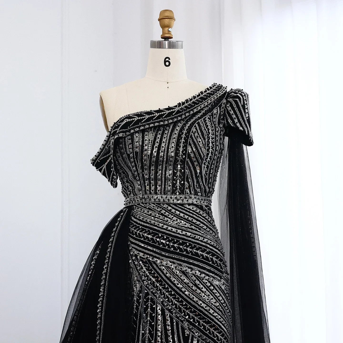 One-Shoulder Cape Sleeves Overskirt Party Gown