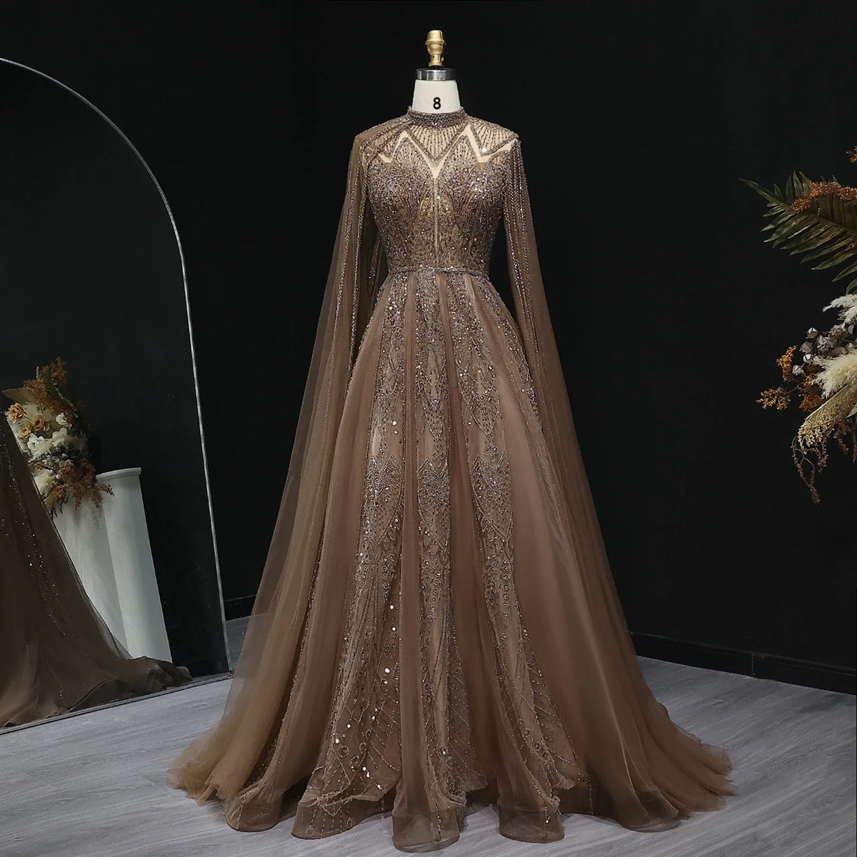 Pink Cape Sleeves Brown Party Gown