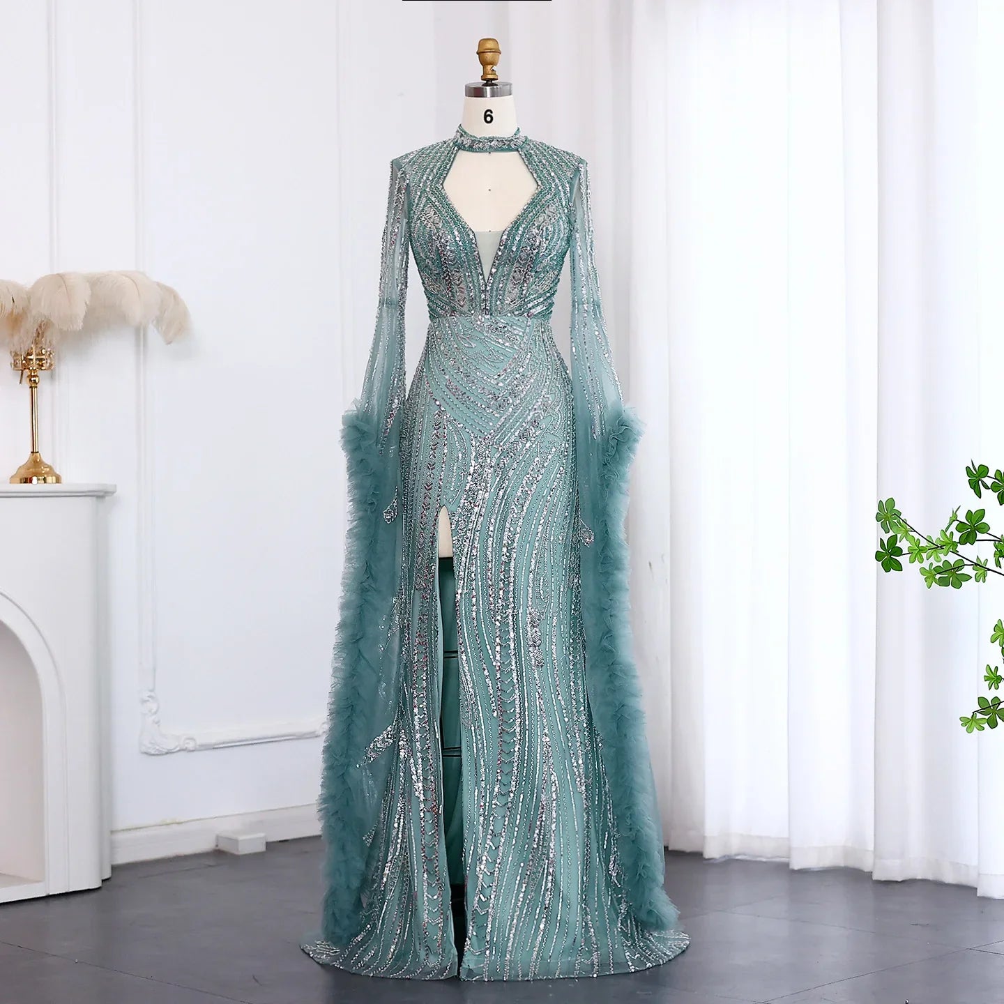 Halter Neck Mermaid Evening Dress with Cape Sleeves