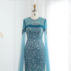 Turquoise Crystal Mermaid Evening Dress With Cape Sleeves