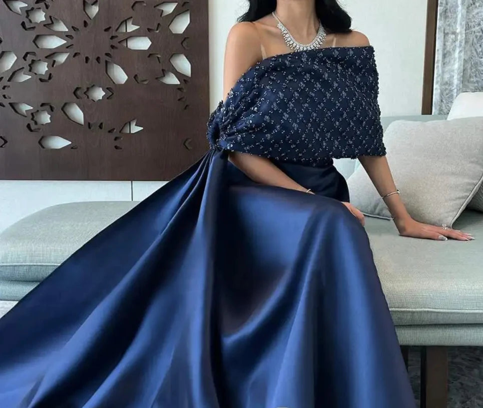 Navy Blue Off-Shoulder Evening Dress with Cape