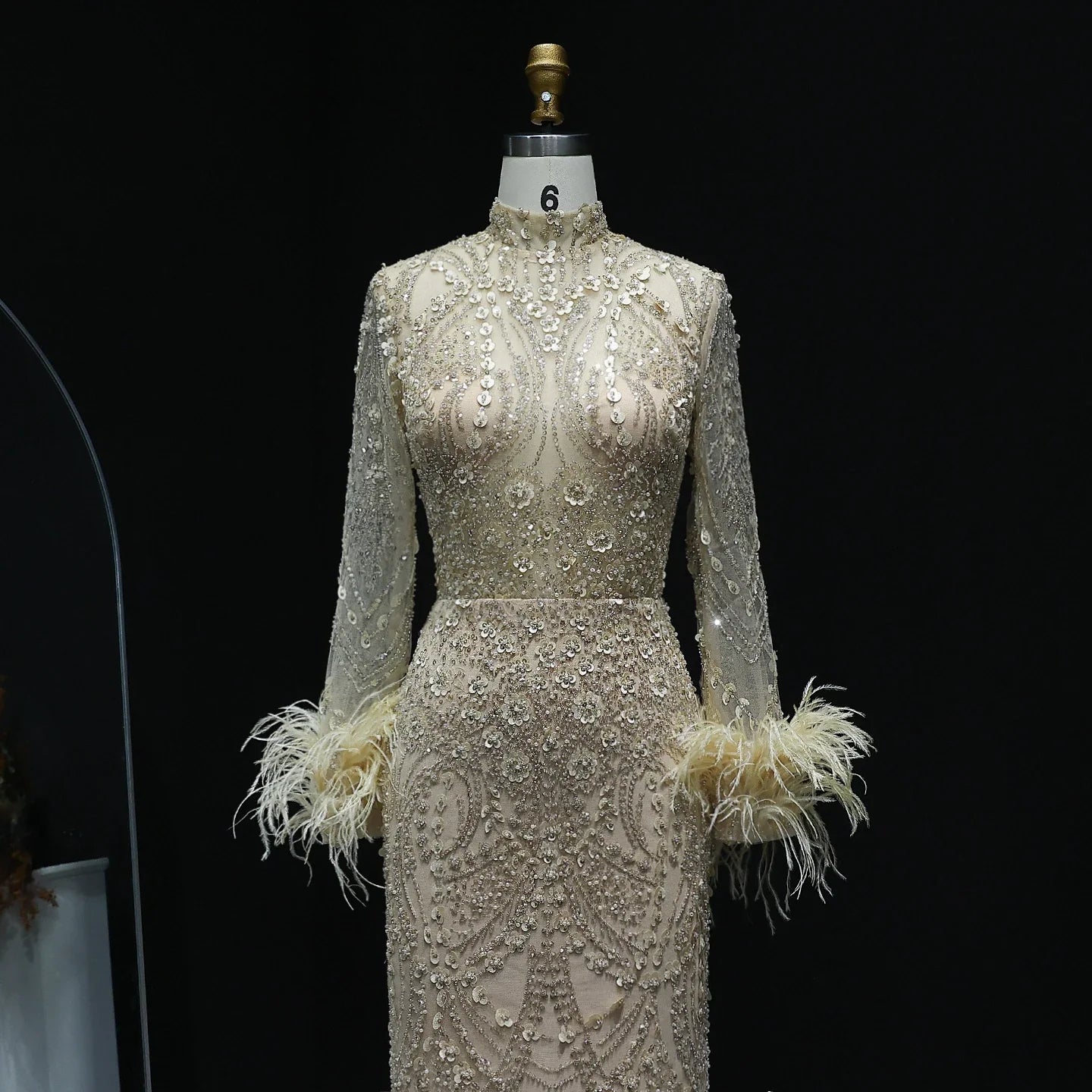 Beaded Feather High Neck Long Sleeves Gown