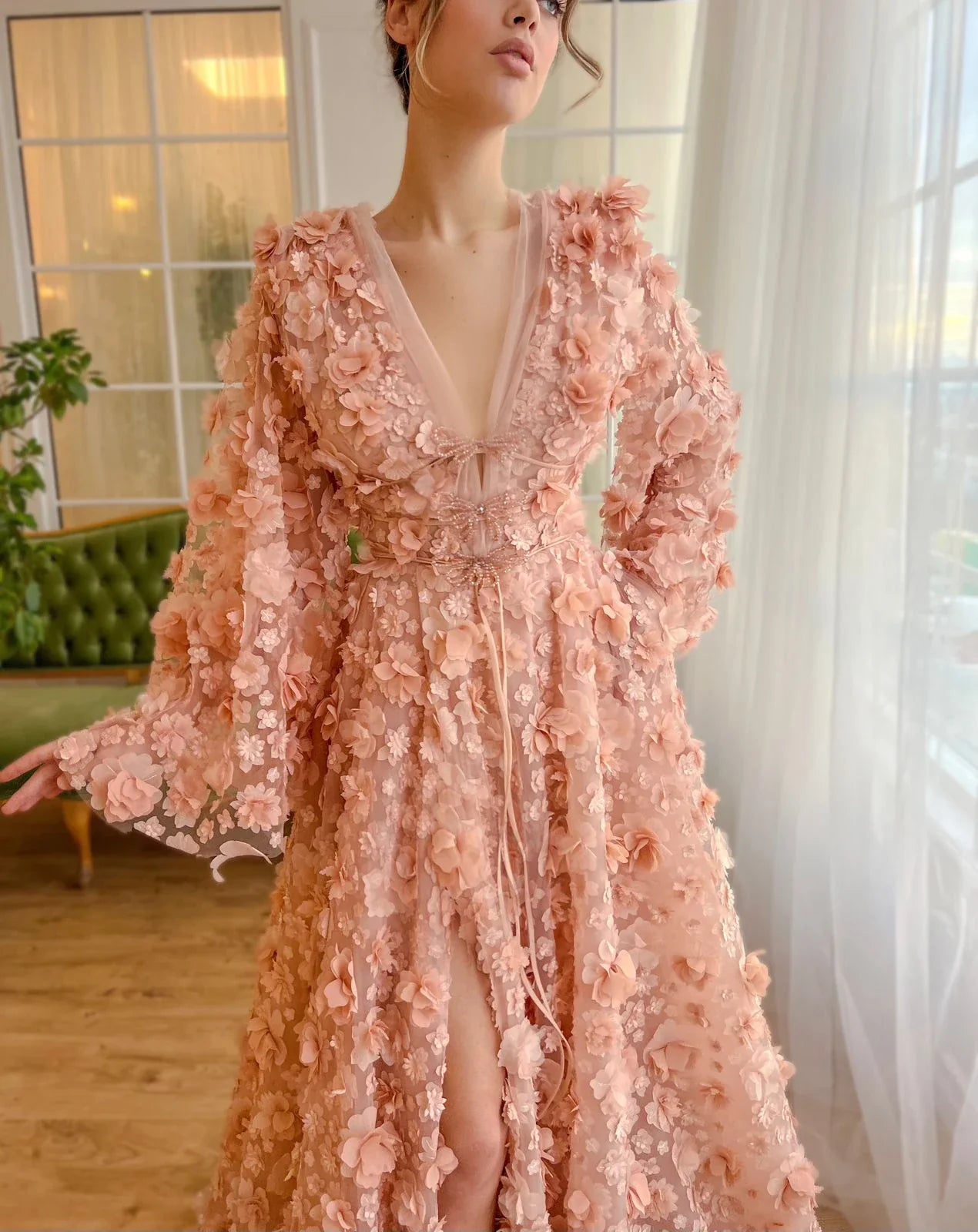 Peach-Pink 3D Flowers Bell Long Sleeves Prom Dress