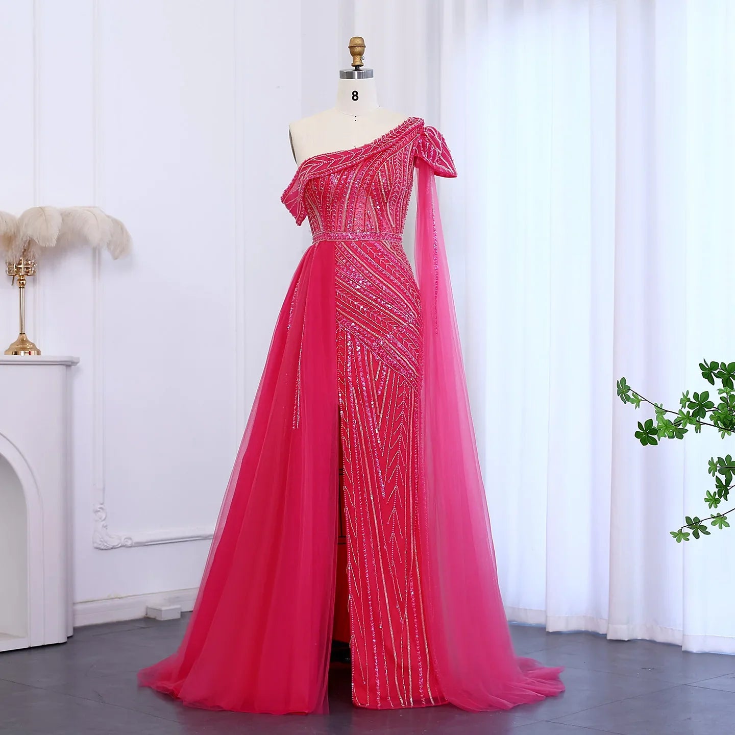 One-Shoulder Cape Sleeves Overskirt Party Gown