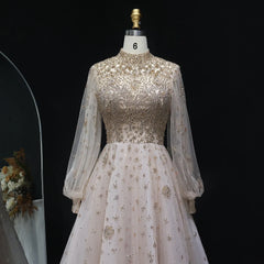 Beaded Champagne Long Sleeves Formal Gowns