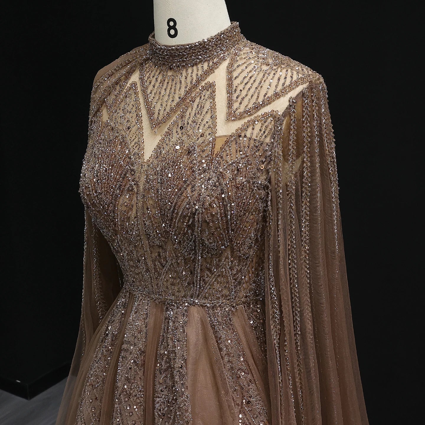 Pink Cape Sleeves Brown Party Gown