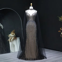 Sparkle Crystal Tulle Evening Dress with Cape Sleeves