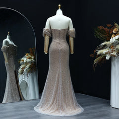 Slit Mermaid Crystal Silver Evening Dress with Sleeves