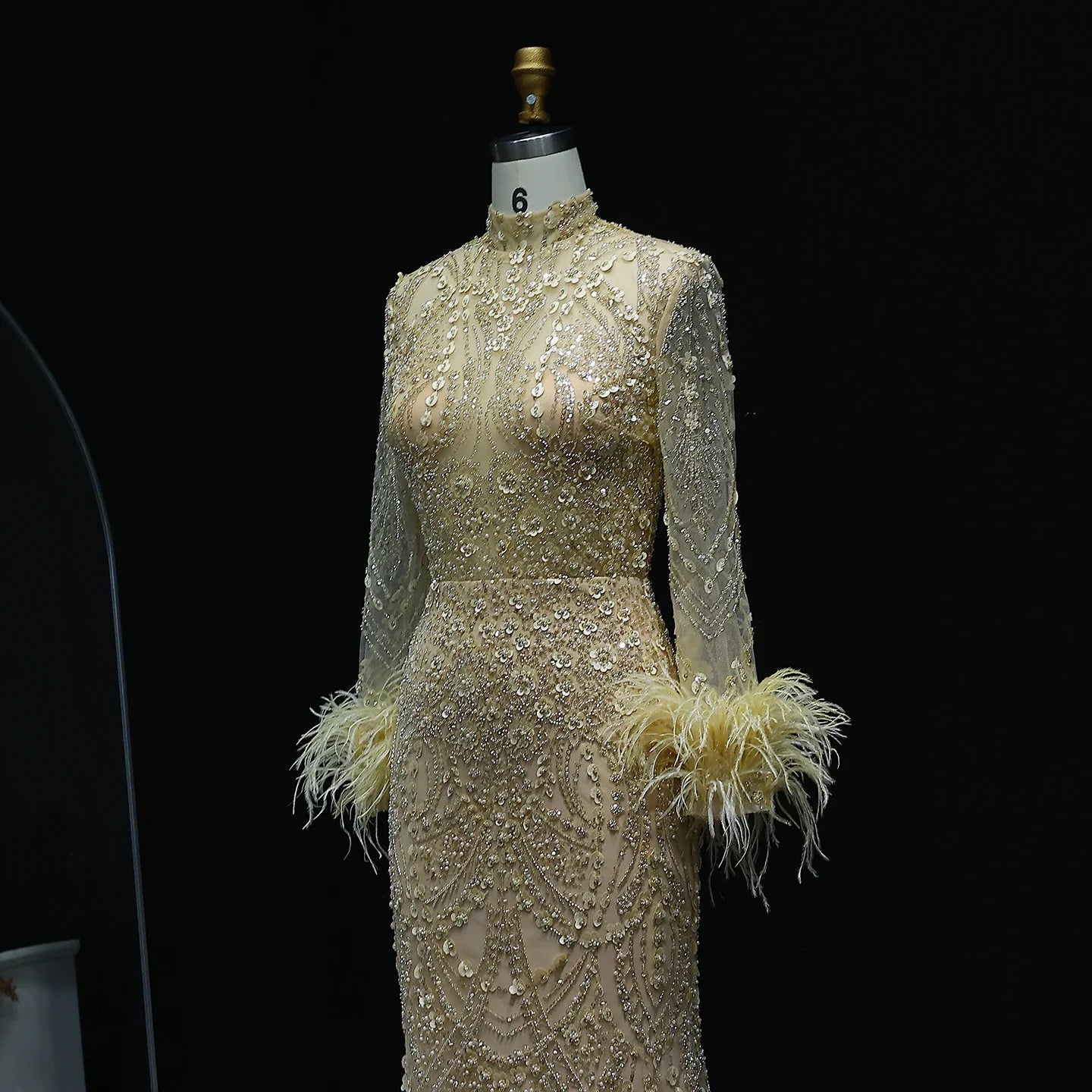 Beaded Feather High Neck Long Sleeves Gown