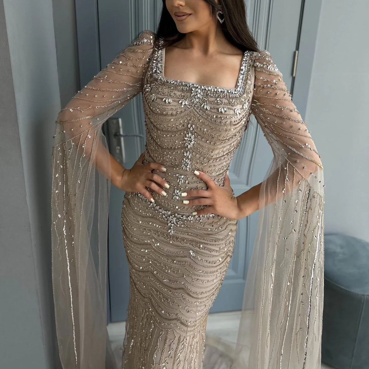 Caramel Square Neck Mermaid Evening Dress Cape Sleeves