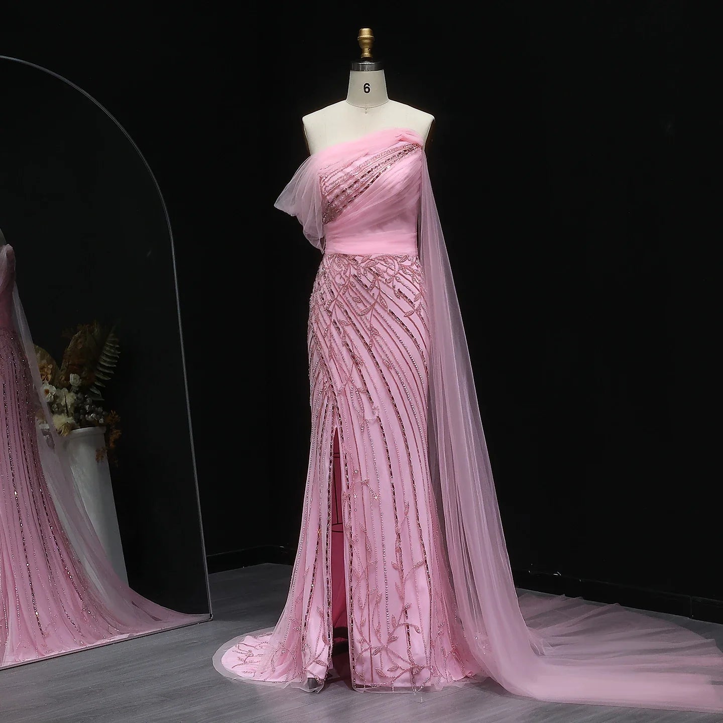 Off-Shoulder Flowing Cape Sleeves High Slit Prom Dress