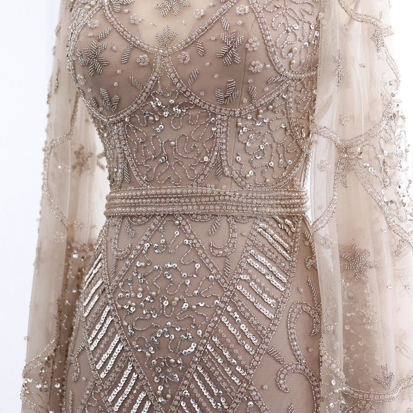 Black Beaded Flare Long Sleeves High Neck Gowns