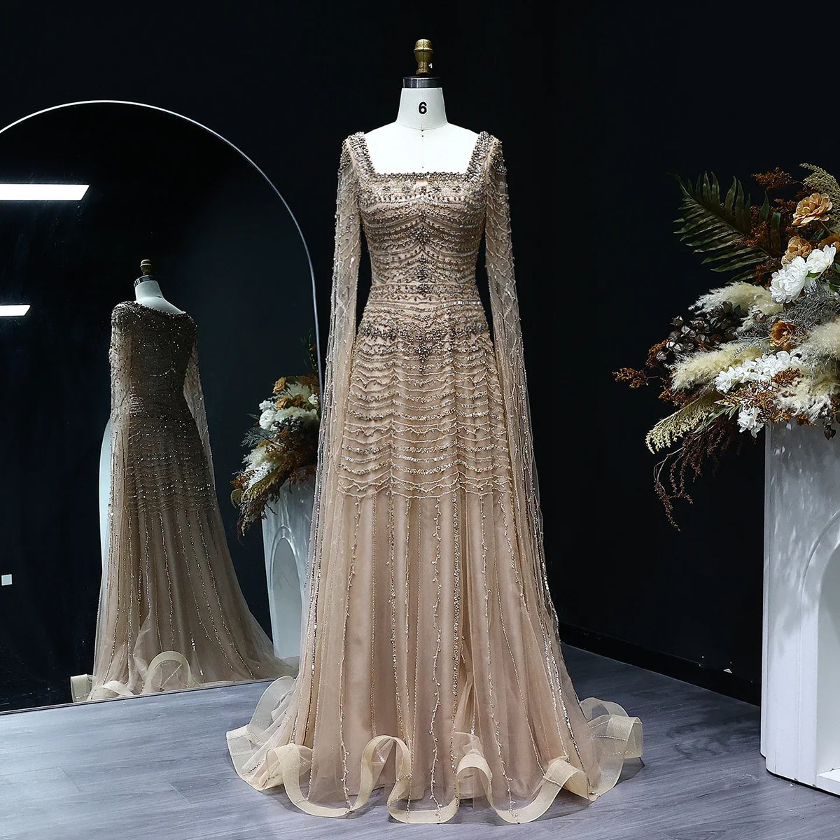 Blue Nude Evening Dress with Cape Sleeves