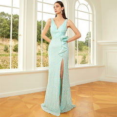 Vestido de noche de cóctel con escote en V, sin mangas y lentejuelas, con abertura alta en la cadera, para dama de honor