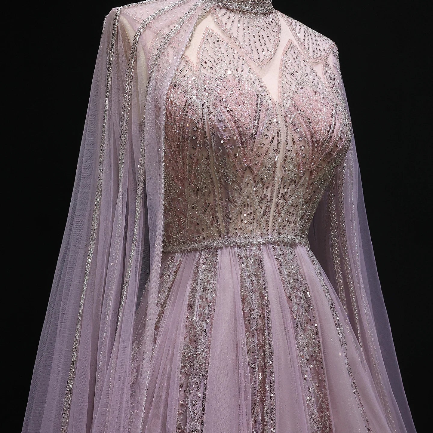 Pink Cape Sleeves Brown Party Gown