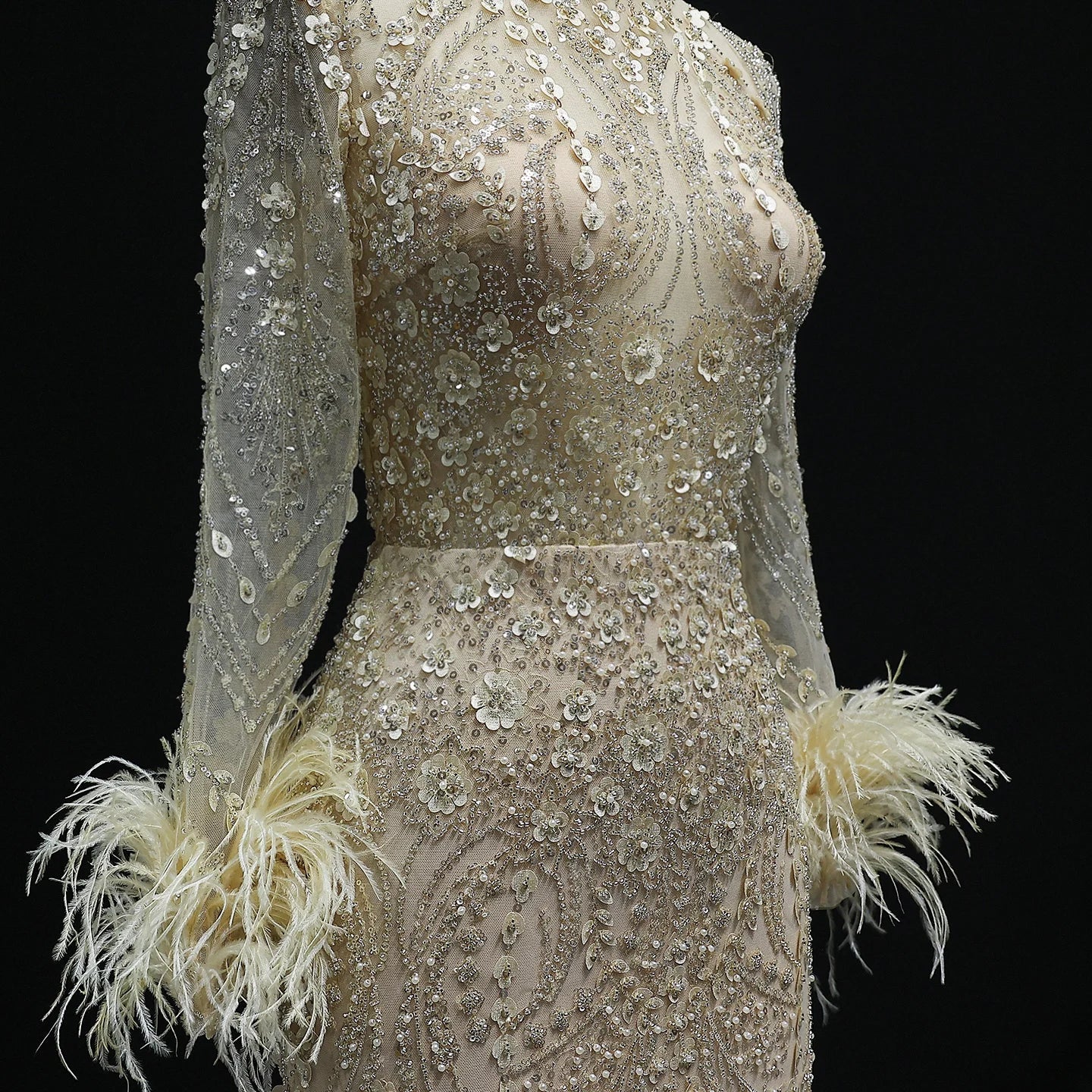 Beaded Feather High Neck Long Sleeves Gown