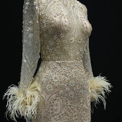 Beaded Feather High Neck Long Sleeves Gown