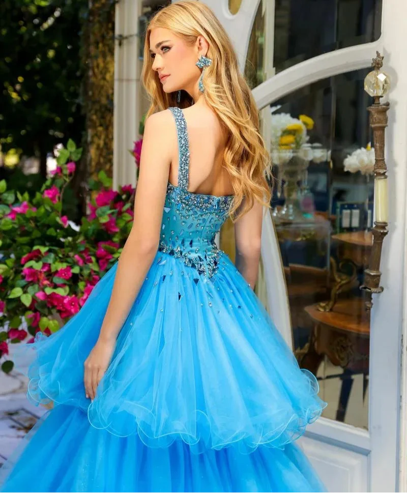 Blue Sparkling Beads Prom Dresses with Tulle Curly Edge