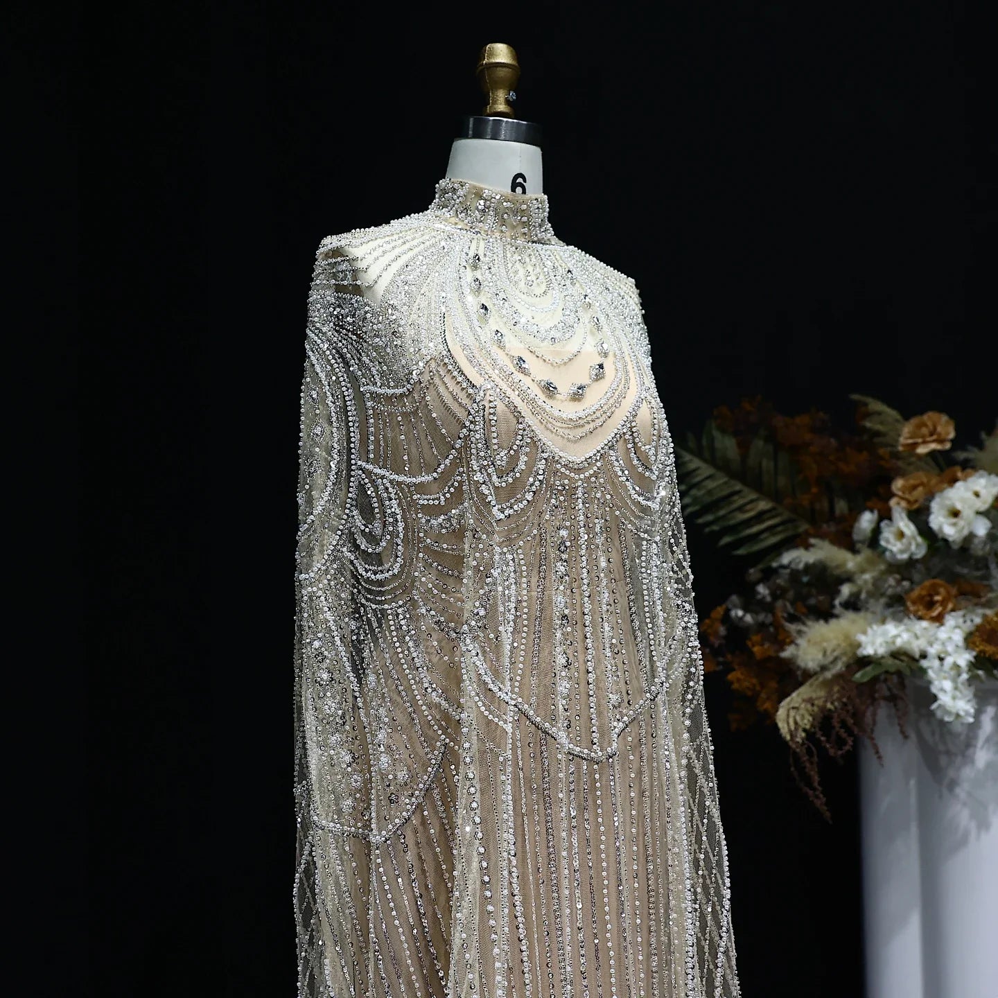 Beaded Nude Kaftan Evening Dress