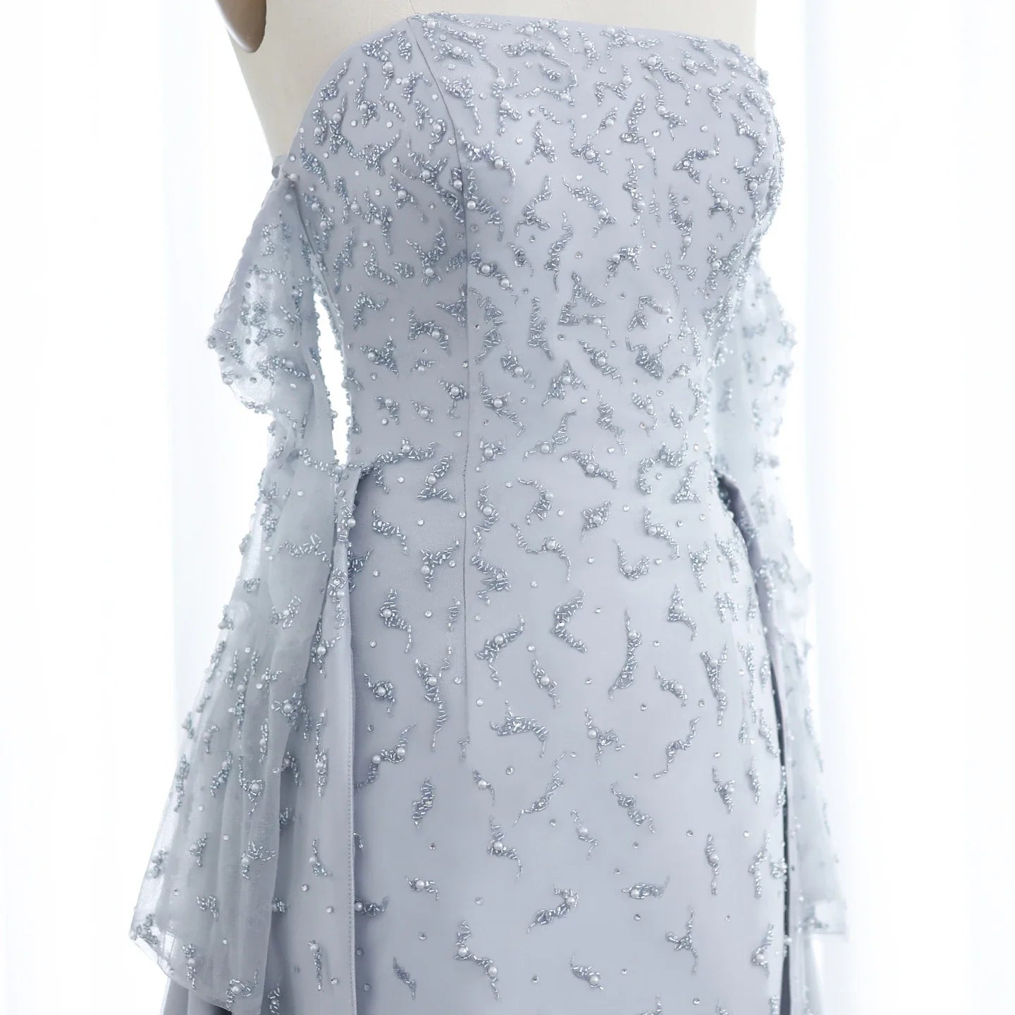 Silver Gray Evening Dress with Overskirt