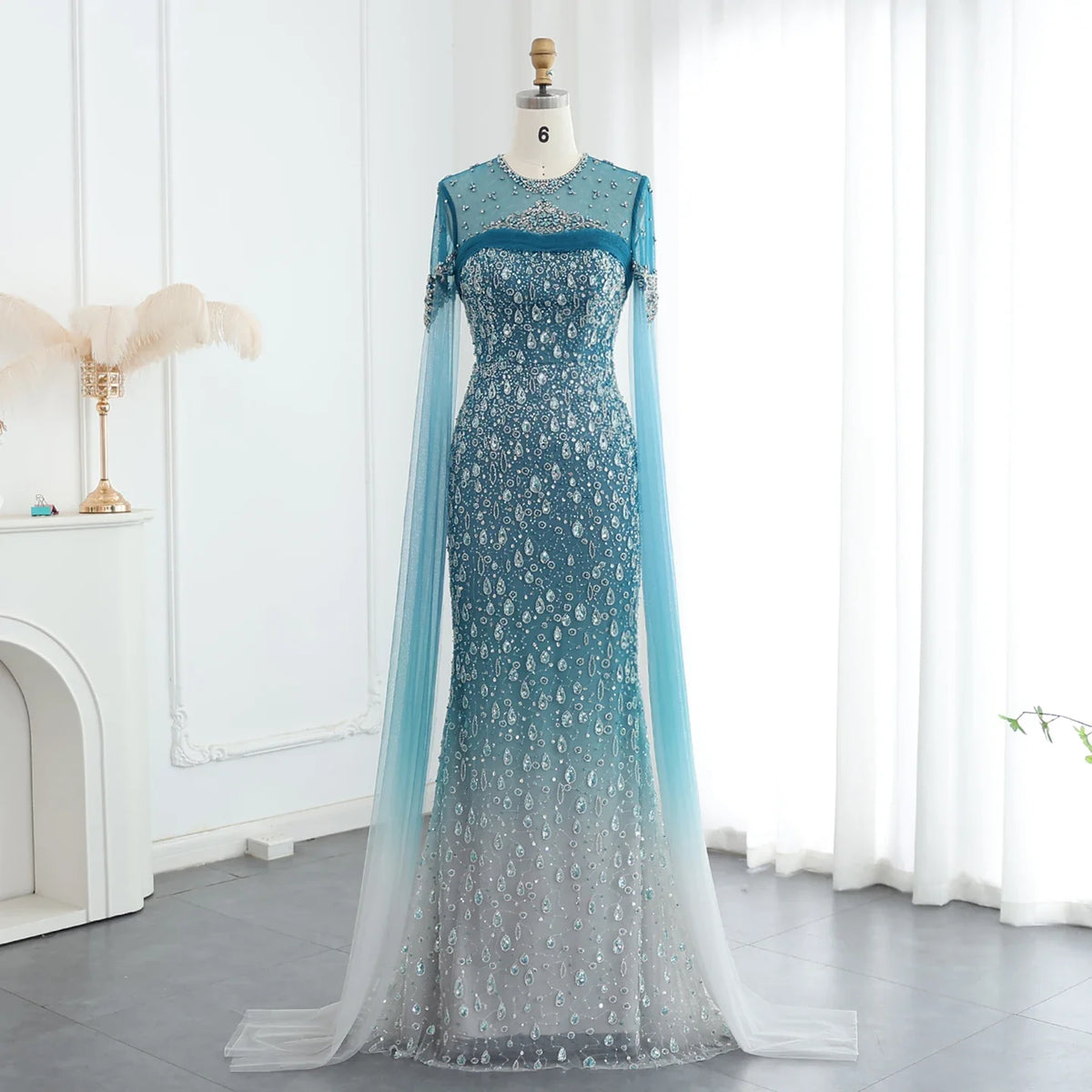 Turquoise Crystal Mermaid Evening Dress With Cape Sleeves