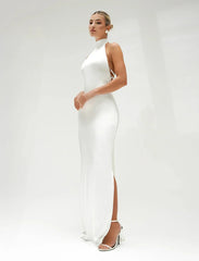 High Neck Satin Bareback Sleeveless Long Dress
