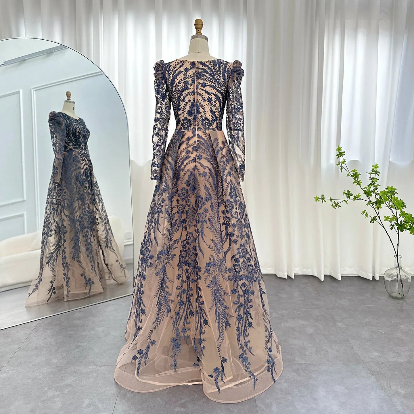 Wine Red Overskirt Long Sleeves Gown