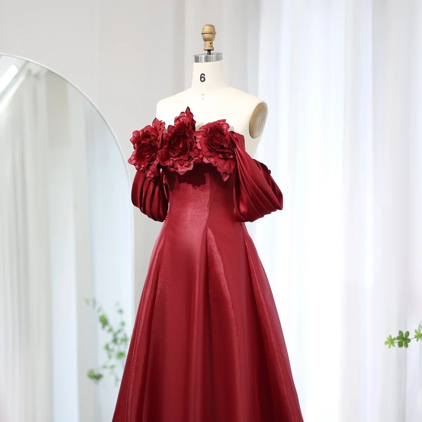 Burgundy 3D Flower Off-Shoulder Satin Evening Dress