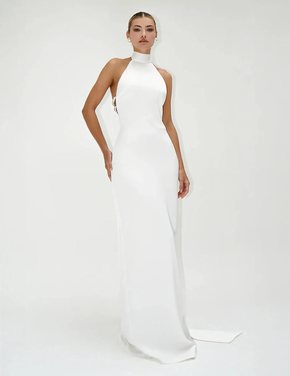 High Neck Satin Bareback Sleeveless Long Dress