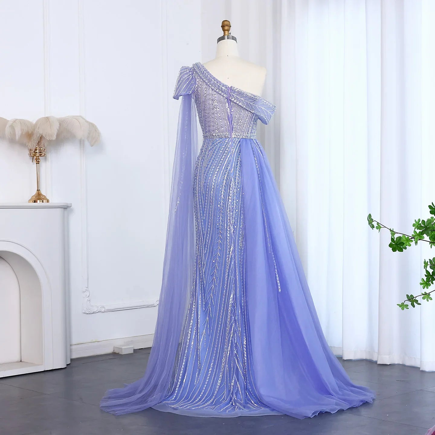 One-Shoulder Cape Sleeves Overskirt Party Gown