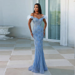 Feathers Beaded Long Prom Formal Gowns