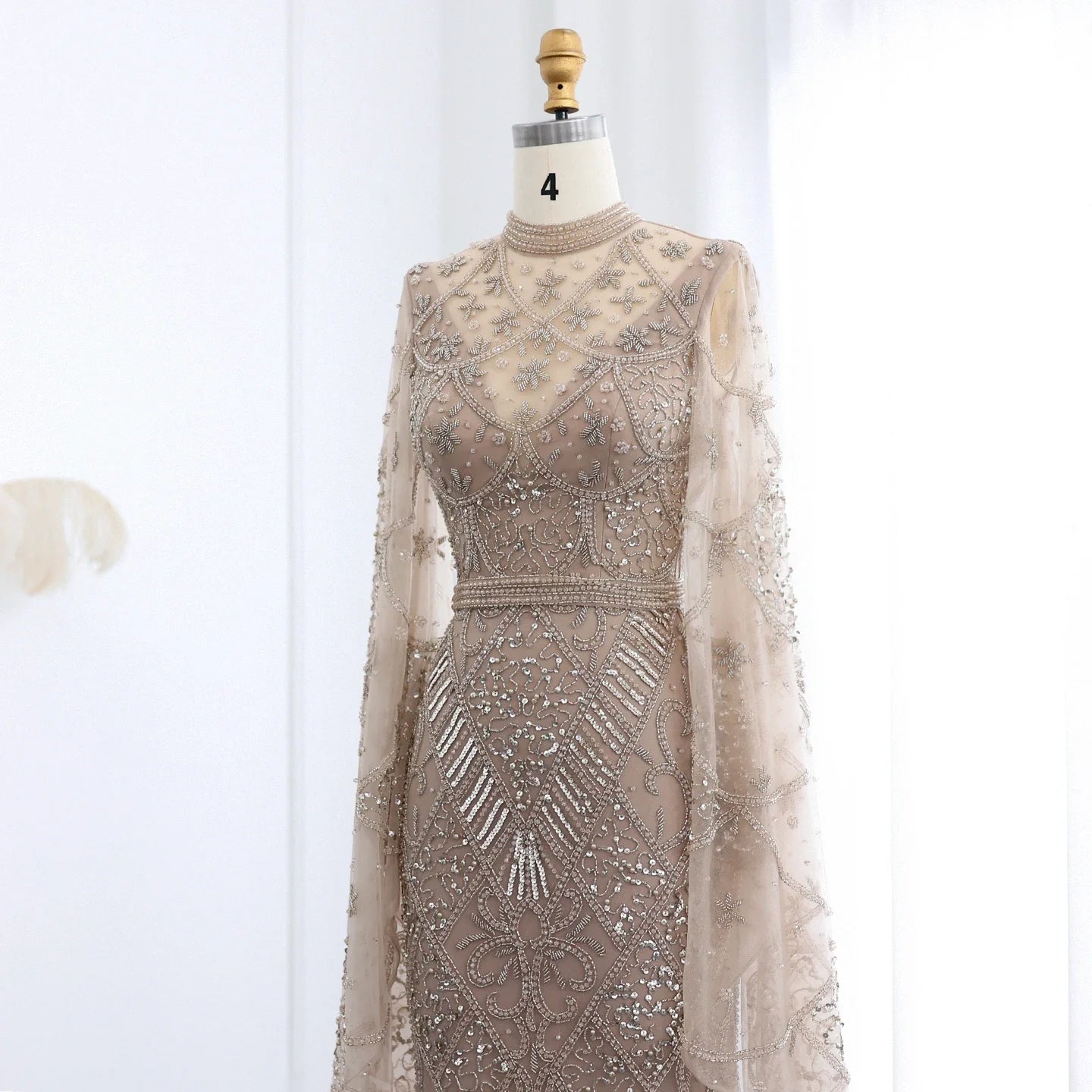 Black Beaded Flare Long Sleeves High Neck Gowns
