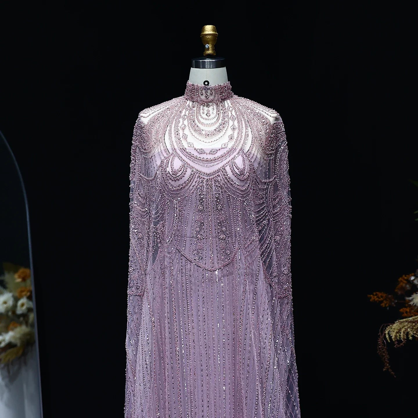 Beaded Nude Kaftan Evening Dress