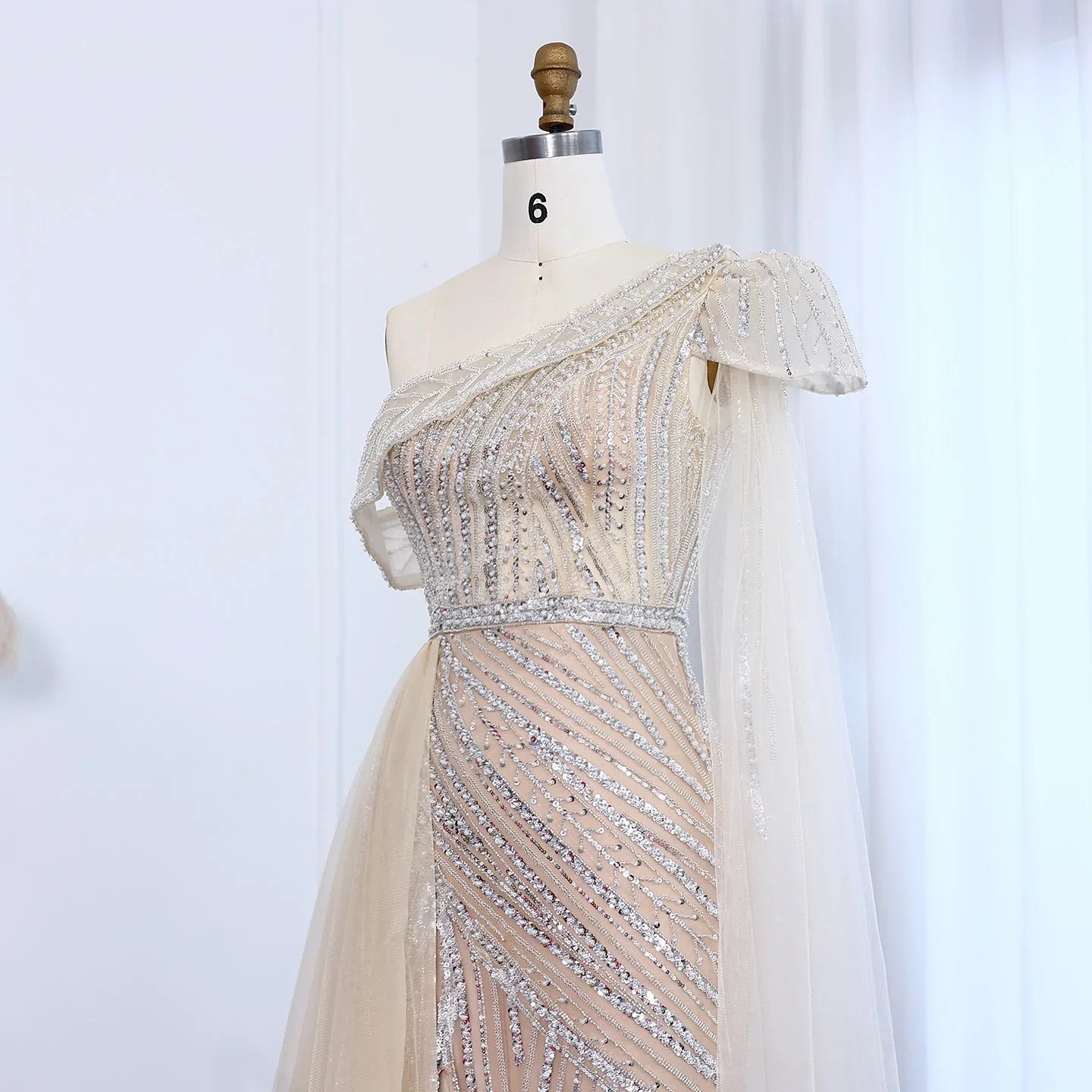 One-Shoulder Cape Sleeves Overskirt Party Gown