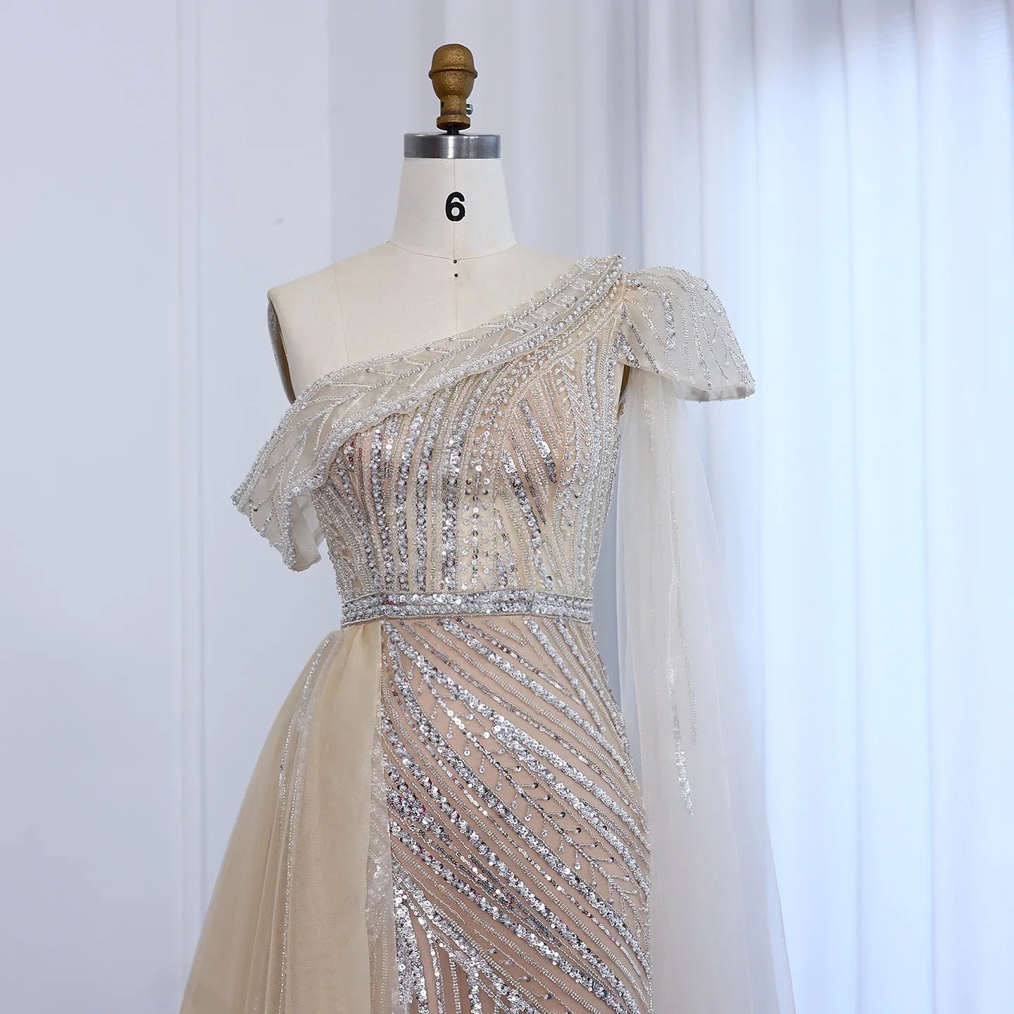 One-Shoulder Cape Sleeves Overskirt Party Gown