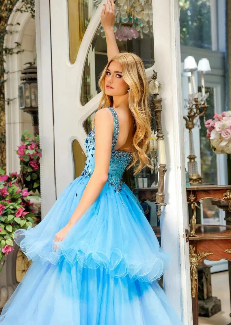 Blue Sparkling Beads Prom Dresses with Tulle Curly Edge