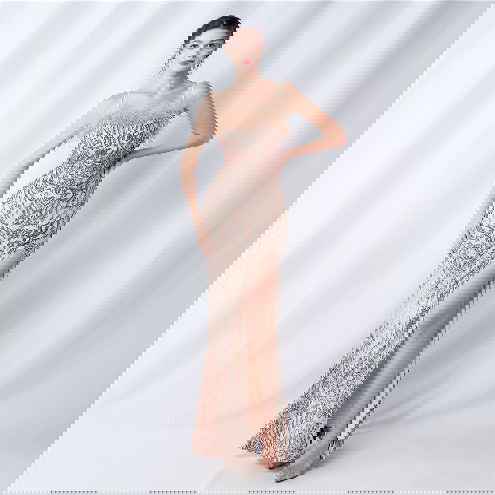All Pieces Positioning Floral Cutting HOrdered Ostrich Hair High End Evening Dress