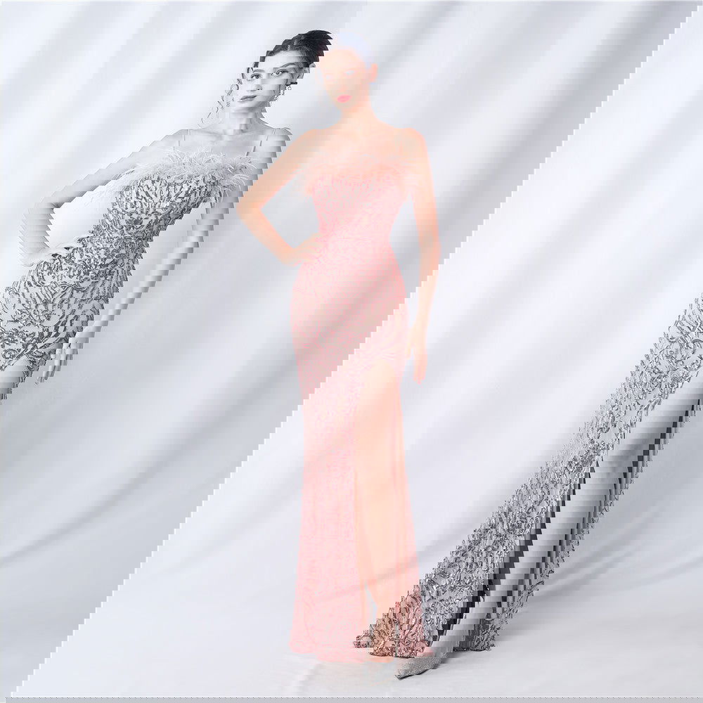 All Pieces Positioning Floral Cutting HOrdered Ostrich Hair High End Evening Dress