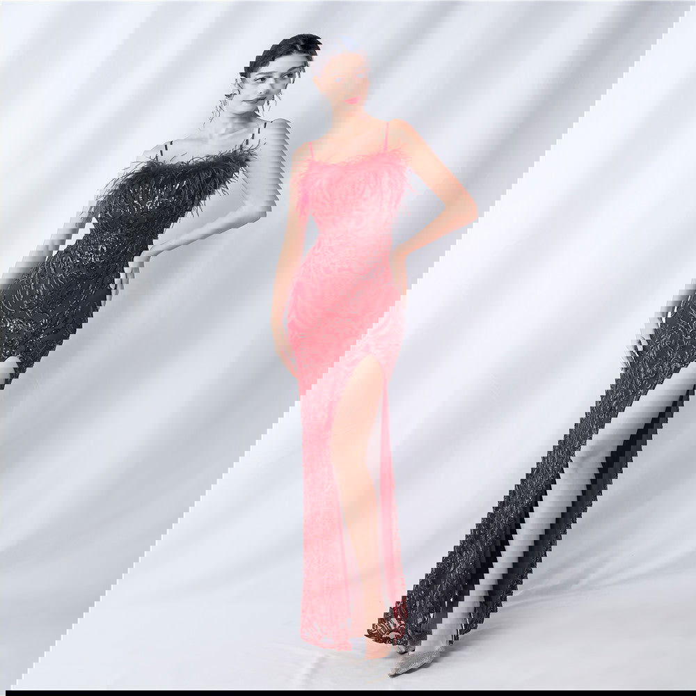 All Pieces Positioning Floral Cutting HOrdered Ostrich Hair High End Evening Dress