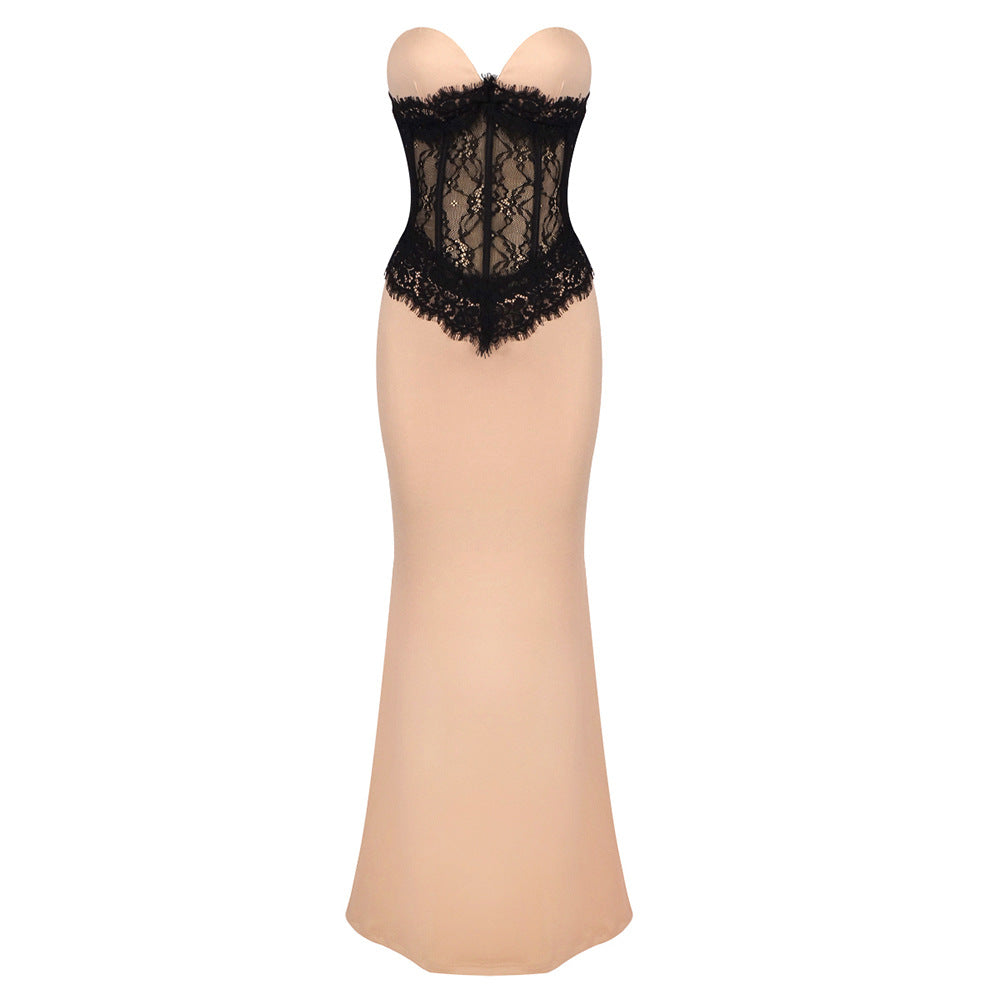 Vestido ajustado de encaje albaricoque elástico sin tirantes Vestido tubo de alta elasticidad Vestido