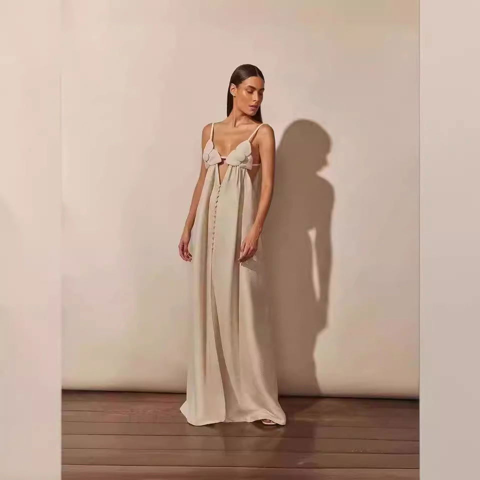 Apricot V neck with Shoulder Straps Loose Sleeveless Straight Vacation Dress