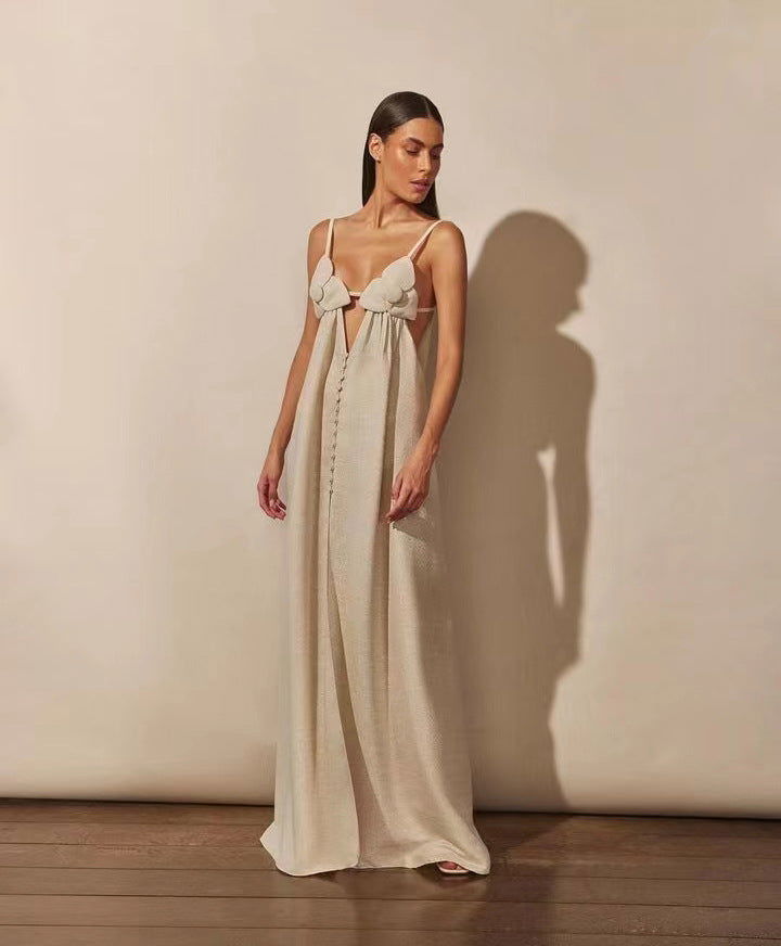 Apricot V neck with Shoulder Straps Loose Sleeveless Straight Vacation Dress