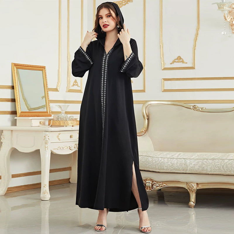 Arab Dress  V Neck Black Robe Hooded Dress